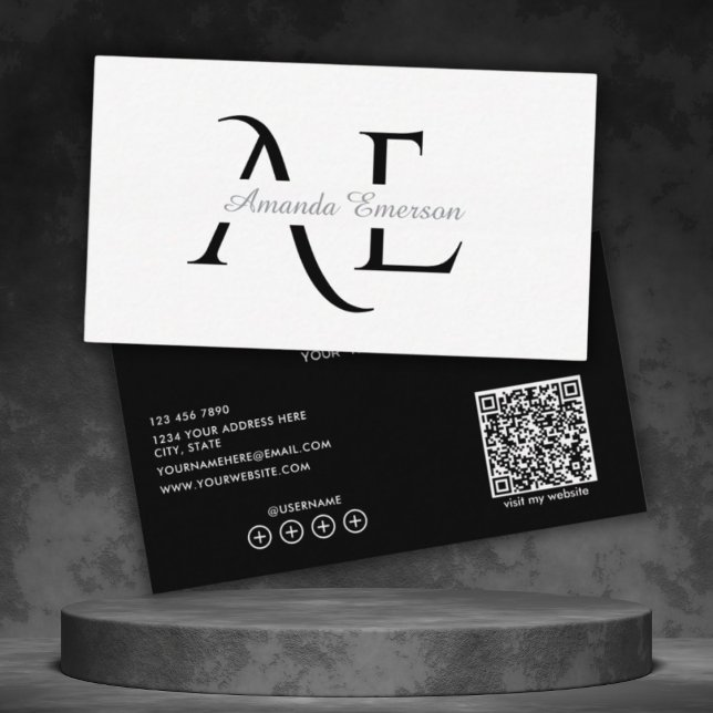 Tarjeta De Visita  Monogram Black And White Simple Qr Code  (Subido por el creador)
