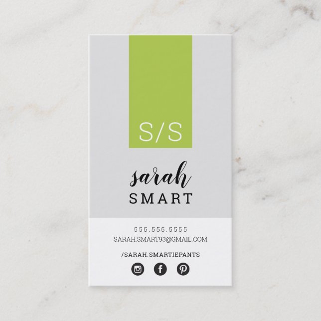 Tarjeta De Visita MONOGRAM INITIALS tab lime verde moderno gris (Anverso)