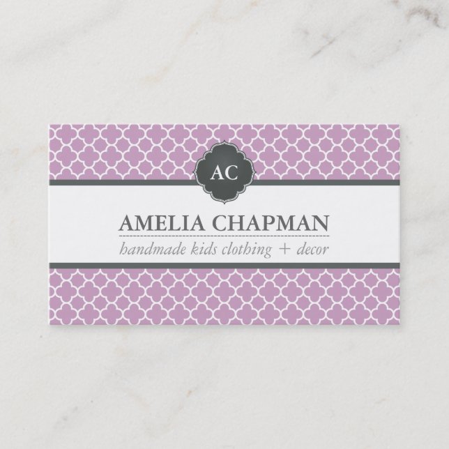 Tarjeta De Visita MONOGRAM moderno modelo marroquí lila gris púrpura (Anverso)