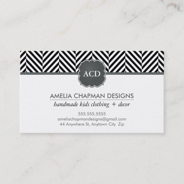 Tarjeta De Visita MONOGRAM moderno patrón de arengihuesos negro (Anverso)