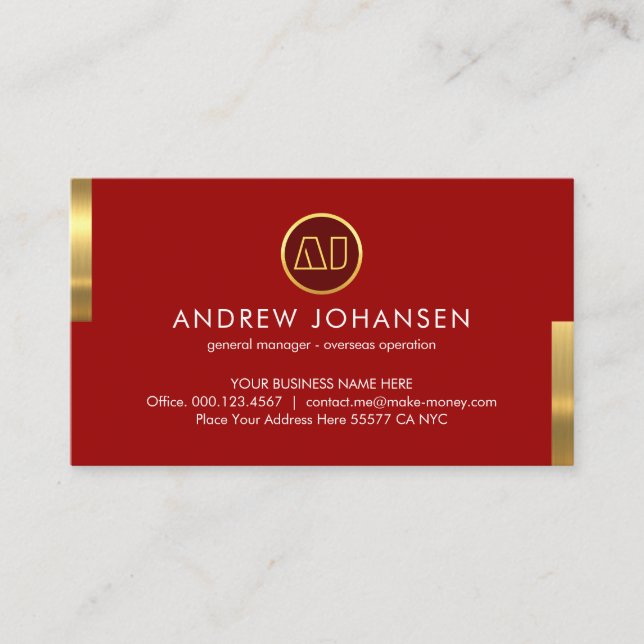 Tarjeta De Visita Monogram Name On Stunning Red Gold Tabs (Anverso)