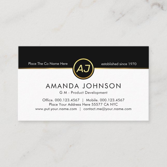Tarjeta De Visita Monogram One Gold Line Black White Layers (Anverso)