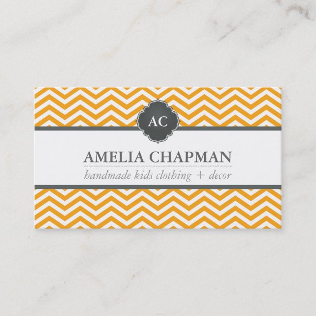 Tarjeta De Visita MONOGRAM patrón de chevron moderno gris naranja br (Anverso)