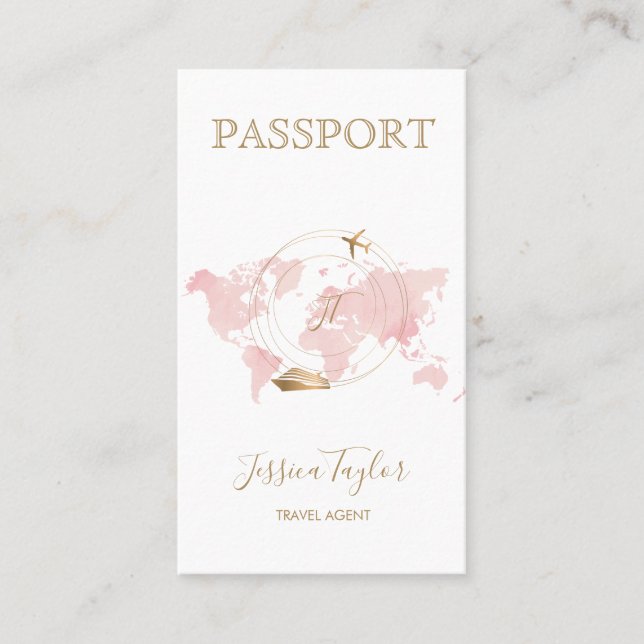 Tarjeta De Visita Monograma Agente de viajes Pasaporte Foto del Mapa (Anverso)