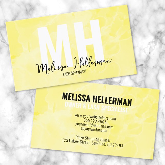 Tarjeta De Visita Monograma amarillo acuarela moderna (Modern Watercolor Yellow Monogram Business Card)