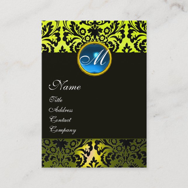 Tarjeta De Visita MONOGRAMA AMARILLO NEGRO DAMASK, Zafiro azul (Anverso)