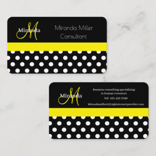Tarjeta De Visita Monograma amarillo Polka blanco negro punto