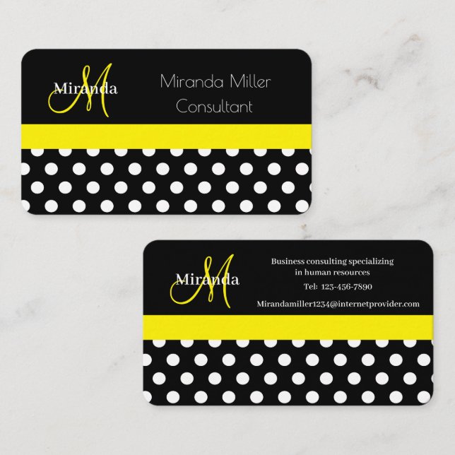 Tarjeta De Visita Monograma amarillo Polka blanco negro punto (Anverso / Reverso)