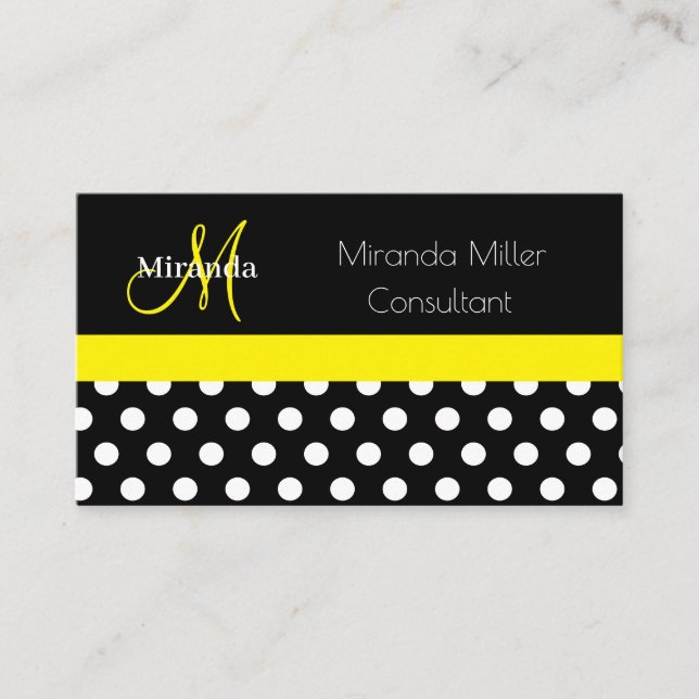 Tarjeta De Visita Monograma amarillo Polka blanco negro punto (Anverso)