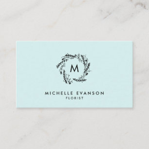 Tarjeta De Visita Monograma Aqua Floral Azul y Negra
