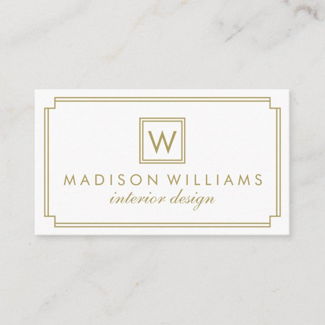 Tarjeta De Visita Monograma Art Decó Blanco y Oro (Anverso)