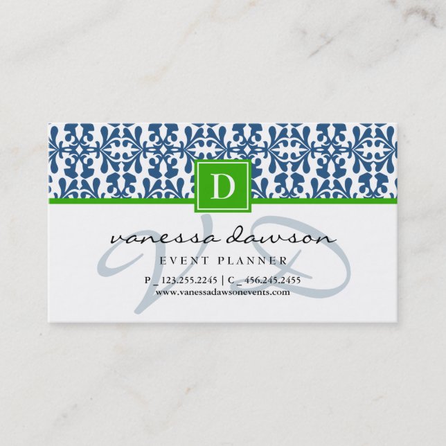Tarjeta De Visita Monograma azul elegante moderno del damasco del (Anverso)