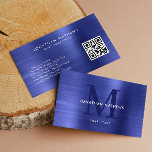 Tarjeta De Visita Monograma azul metálico cepillado de código QR mod