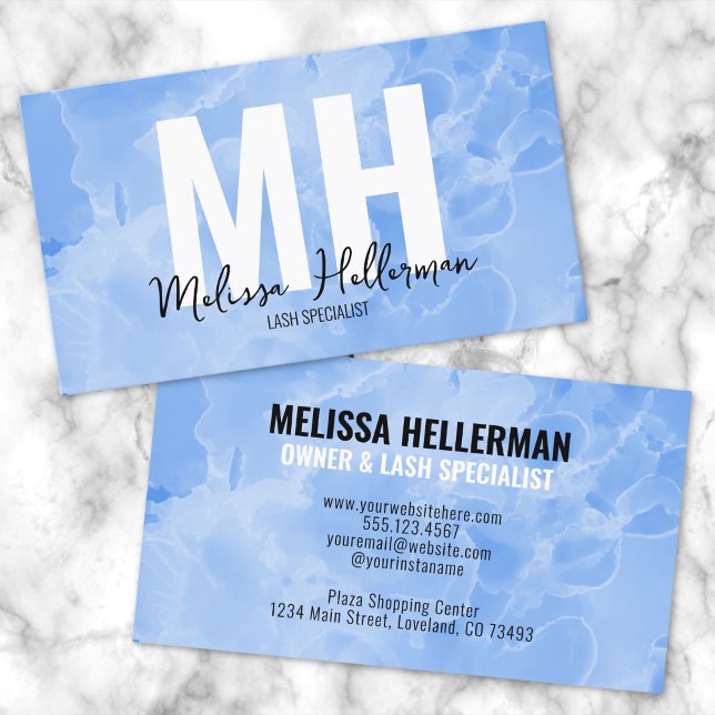 Tarjeta De Visita Monograma azul Minimalista profesional moderno (Chic Modern Minimal Blue Watercolor Monogram Business Card)