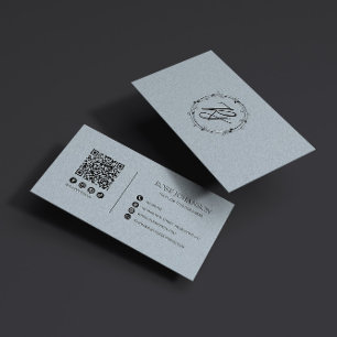 Tarjeta De Visita Monograma azul pastel claro QR y medios sociales
