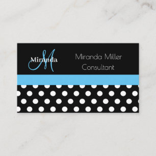 Tarjeta De Visita Monograma azul Punto de Polka Blanco Negro