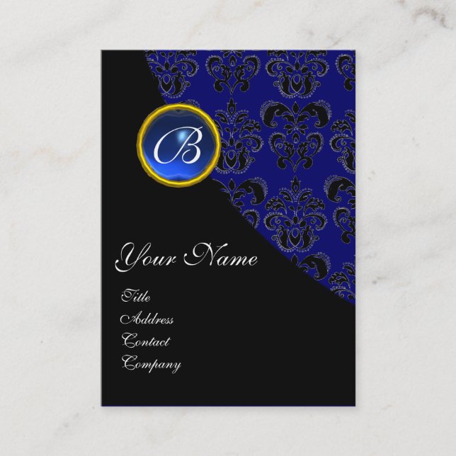 TARJETA DE VISITA MONOGRAMA AZUL SAPHIRE NEGRO DAMASK (Anverso)