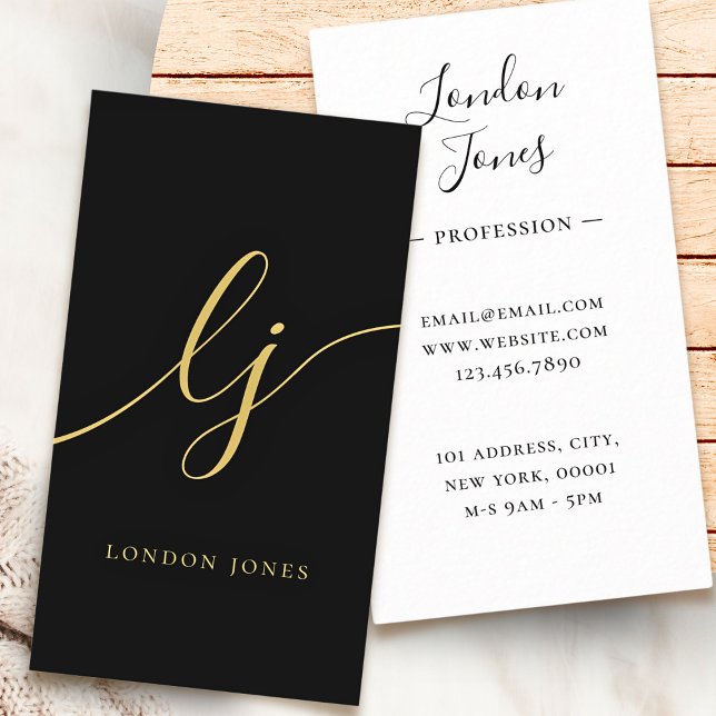 Tarjeta De Visita Monograma Black Gold Modern Calligraphy Feminine (Subido por el creador)