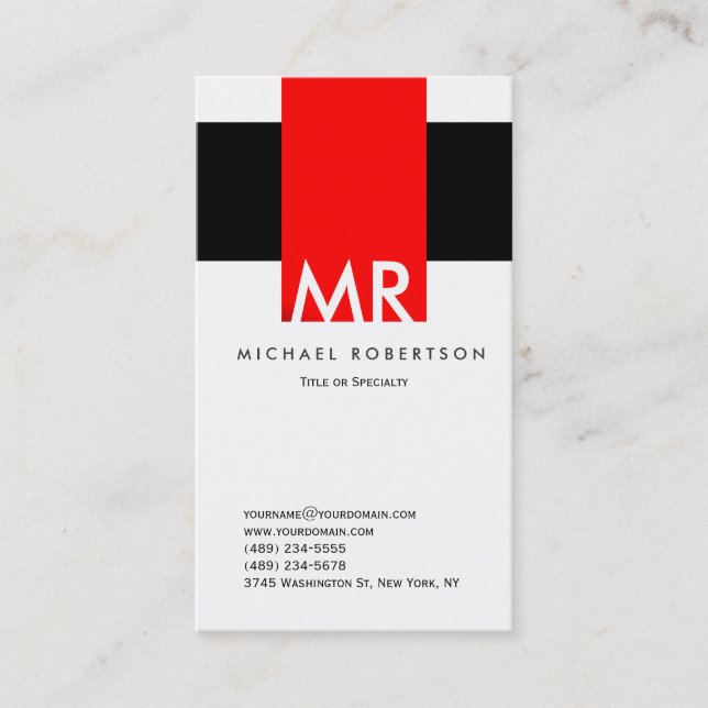Tarjeta De Visita Monograma Black Red Clean Business Card (Anverso)