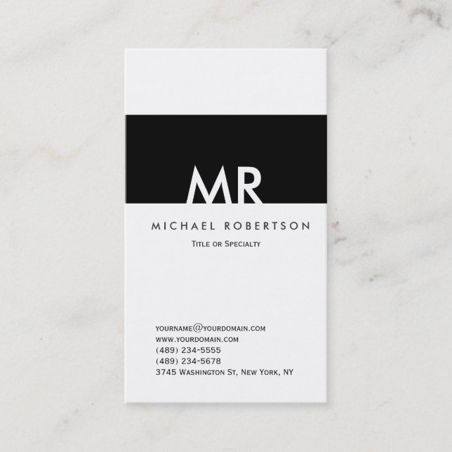 Tarjeta De Visita Monograma Black White Clean Business Card (Anverso)