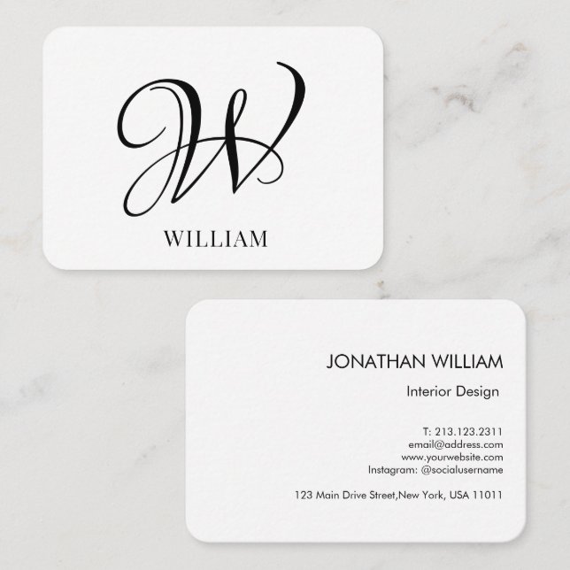 Tarjeta De Visita Monograma blanco elegante personalizado inicial (Anverso / Reverso)