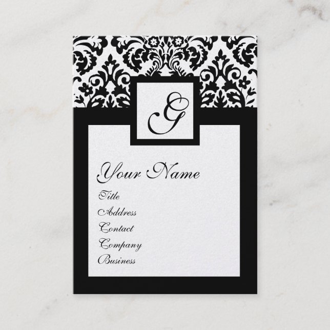 TARJETA DE VISITA MONOGRAMA BLANCO NEGRO DAMASK FLORAL SQUARE (Anverso)