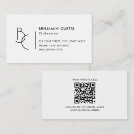 Tarjeta De Visita Monograma Blanco Negro Moderno Código QR Minimalis