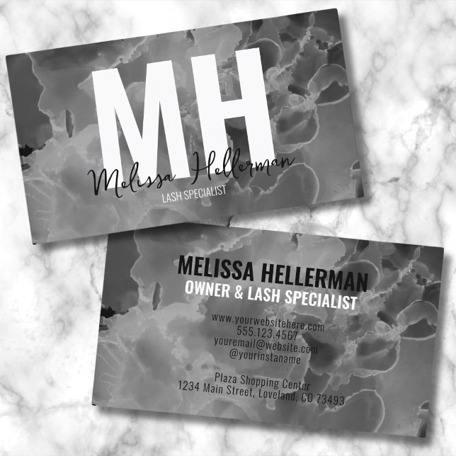 Tarjeta De Visita Monograma blanco negro moderno y elegante (Chic Elegant Black Whit Marble Watercolor Monogram Business Card )