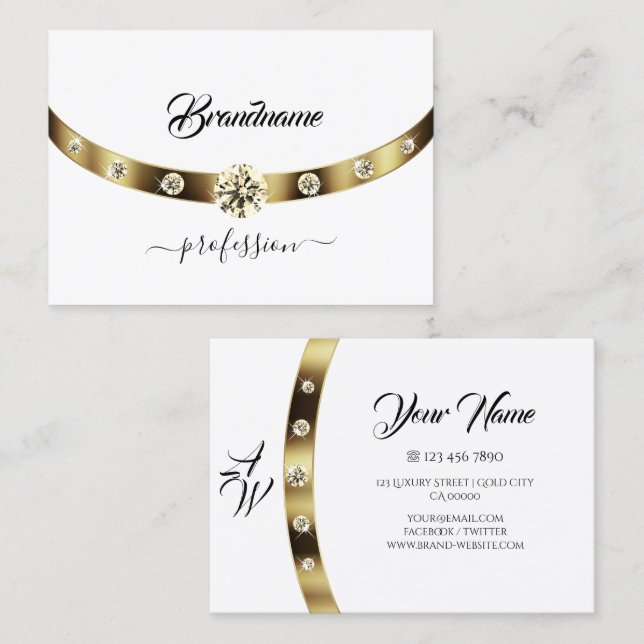 Tarjeta De Visita Monograma blanco y dorado de lujo (Anverso / Reverso)