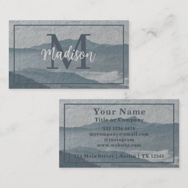 Tarjeta De Visita Monograma Blue Gray Mountain Watercolor Art (Anverso / Reverso)