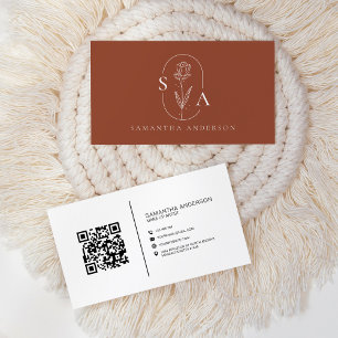 Tarjeta De Visita Monograma Boho Terracota Código QR Moderno