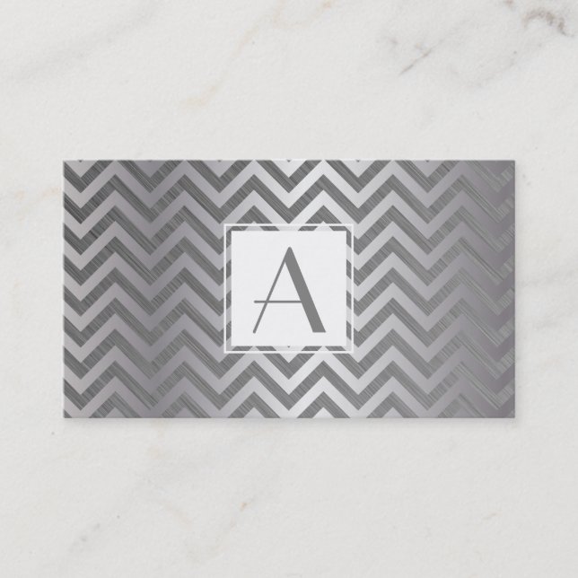 Tarjeta De Visita Monograma Caja blanca Chevron Patrón metálico (Anverso)