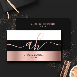 Tarjeta De Visita Monograma caligrafía Bandas de oro Rosa blanco neg