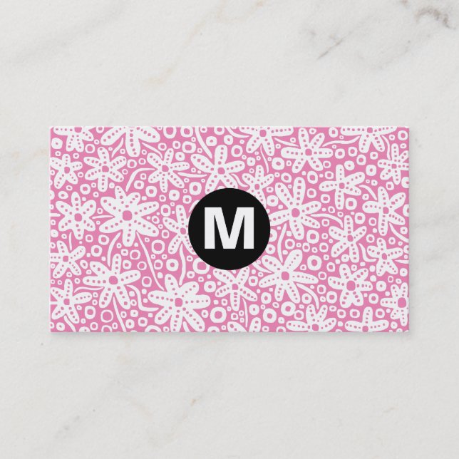 Tarjeta De Visita Monograma central - Diseño de flores - Rosa ef84b4 (Anverso)