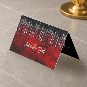 Tarjeta De Visita Monograma chic con gotas de brillo negras rojas y