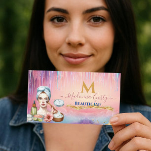 Tarjeta De Visita Monograma chic de pasteles rosados y dorados que g