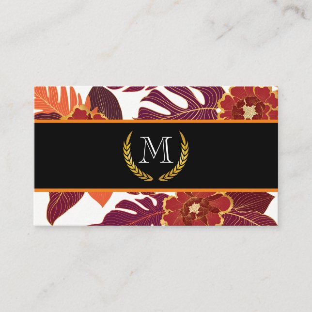 Tarjeta De Visita Monograma clásico | Leafs de oro | Patrón floral (Anverso)