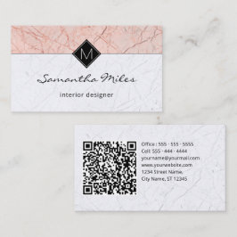 Tarjeta De Visita Monograma Código QR Elegante Rosa Mármol gris