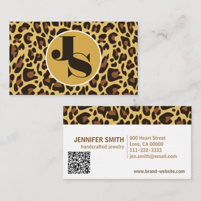 Tarjeta De Visita Monograma Código QR Leopardo Imprimir patrón Rocka (Anverso / Reverso)