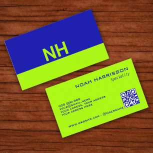 Tarjeta De Visita Monograma código QR lima eléctrica azul minimalist