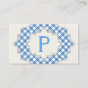 Tarjeta De Visita Monograma con gingham azul y blanco