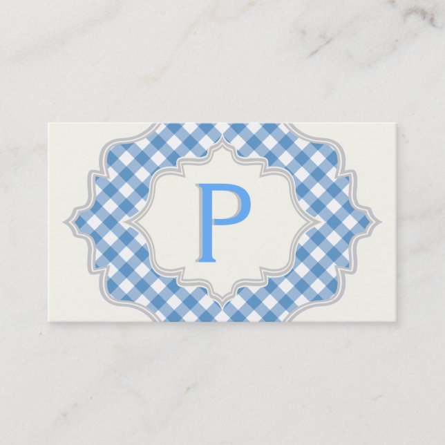 Tarjeta De Visita Monograma con gingham azul y blanco (Anverso)