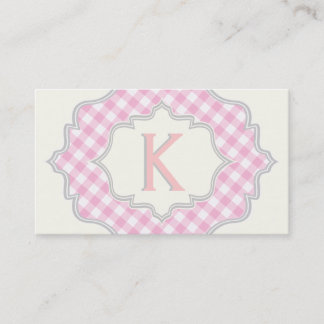 Tarjeta De Visita Monograma con gingham rosa y blanca