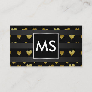 Tarjeta De Visita Monograma Corazones Dorados Rayas
