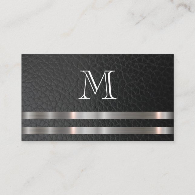 Tarjeta De Visita Monograma Cuero metálico plateado (Anverso)