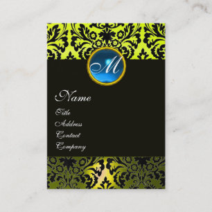 Tarjeta De Visita MONOGRAMA DAMASCO NEGRO AMARILLO ,Zafiro Azul