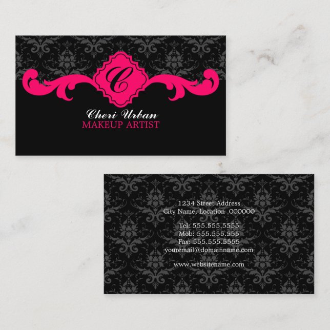 Tarjeta De Visita Monograma Damasco Rosa Caliente (Anverso / Reverso)