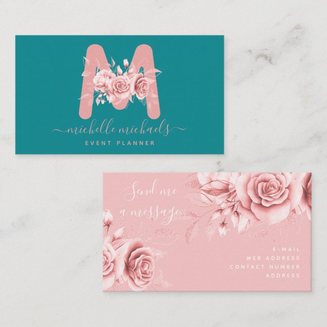 Tarjeta De Visita Monograma de acuarela floral Verde azulada de oro  (Anverso / Reverso)