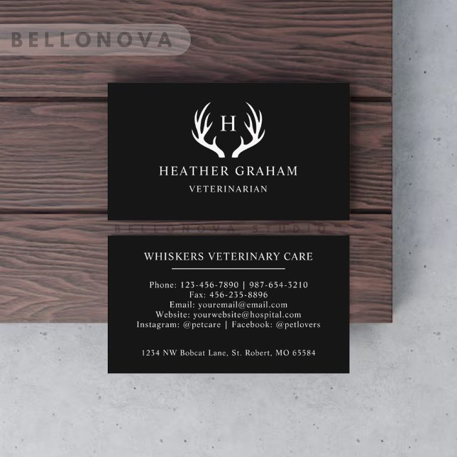 Tarjeta De Visita Monograma De Antler De Deer Blanco Y Negro (Custom Name Black And White Deer Antler Monogram Business Card)
