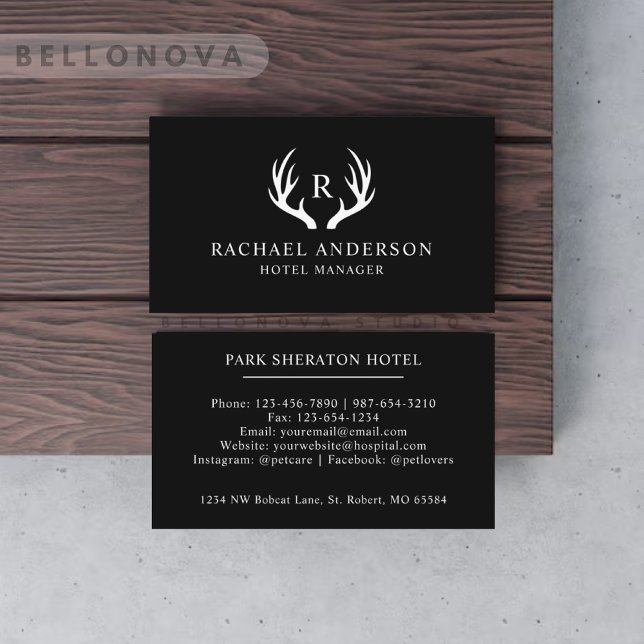 Tarjeta De Visita Monograma De Antler De Deer Blanco Y Negro (Custom Name Black And White Deer Antler Monogram Business Card)